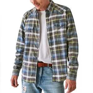 Lucky Brand Shirt Classic Fit Long Sleeves Pearl Snap Blue Plaid Western Large